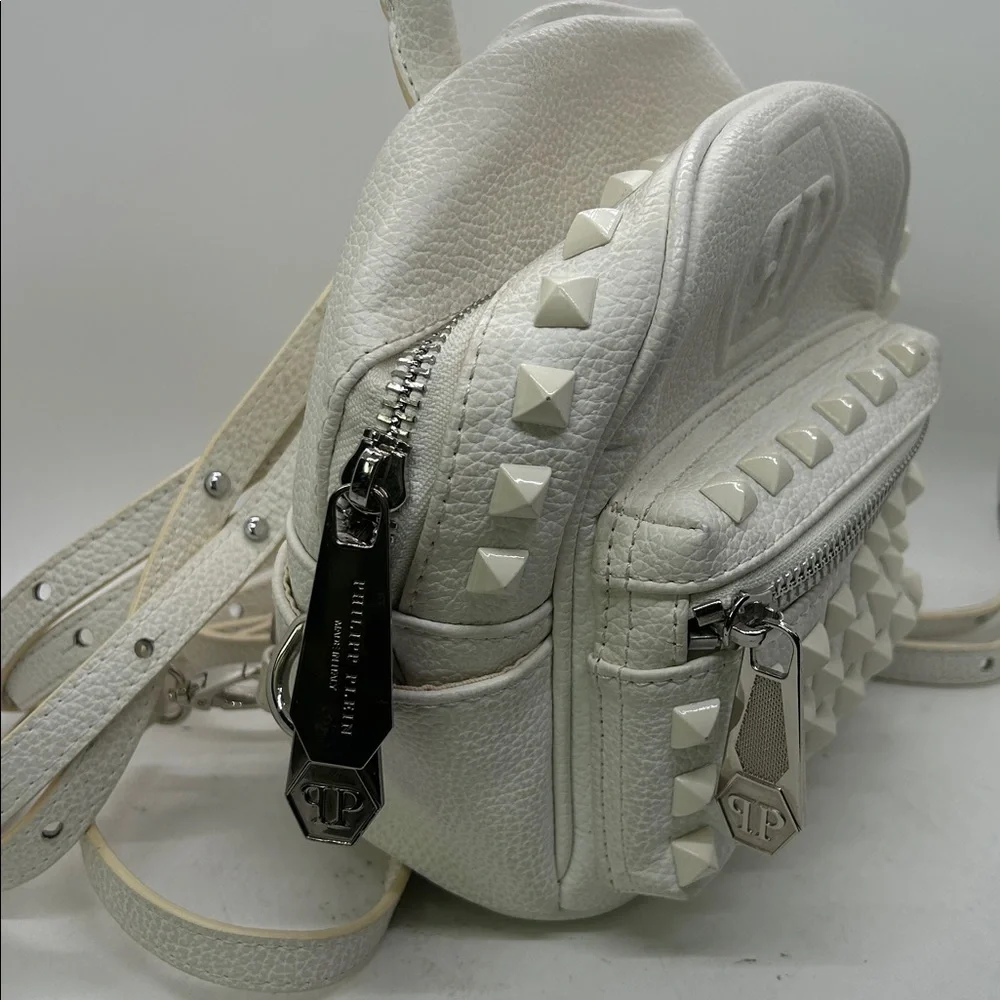 Philipp Plein White Leather Studded Adjustable Straps Backpack Bag 🌺🌺 - Picture 3 of 8